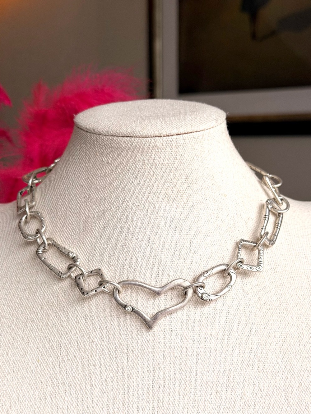 Chico’s Silver Tone Heart Link Statement Necklace Mixed Geometric 16-19.75”